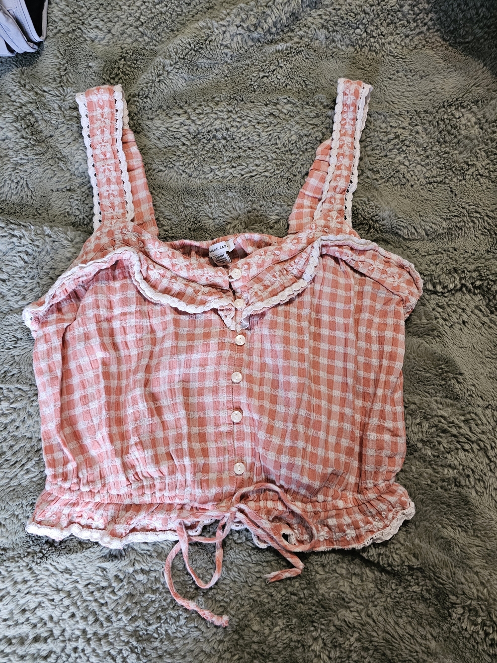 American Eagle Pink Gingham Button-Front Crop Top with Lace Trim